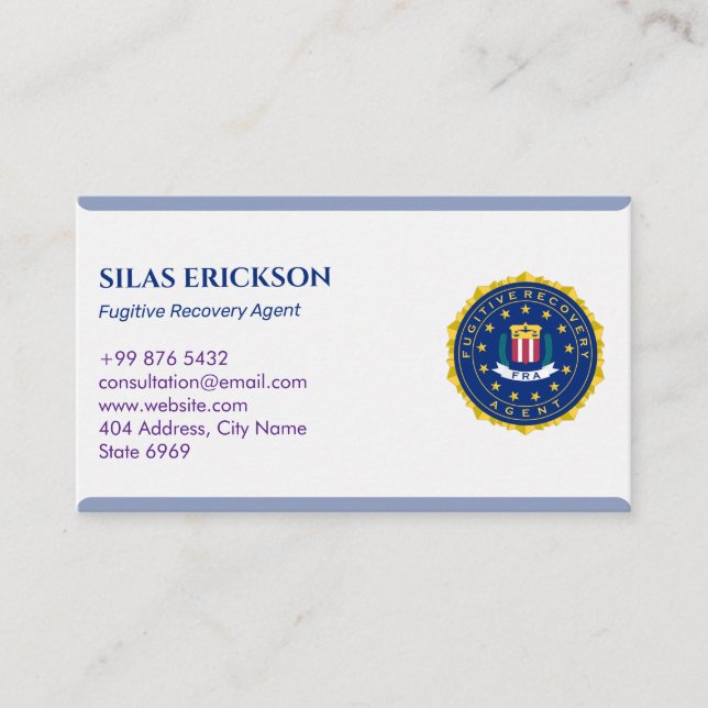 Fugitive Recovery Agent | Elegant White Business Card (Front)