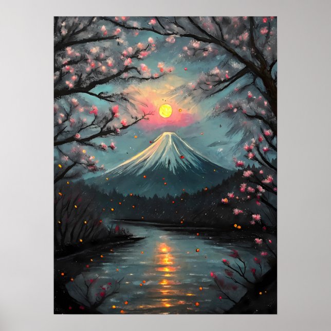  Fuji Sunset Cherry Blossom Mountain Art Poster (Front)