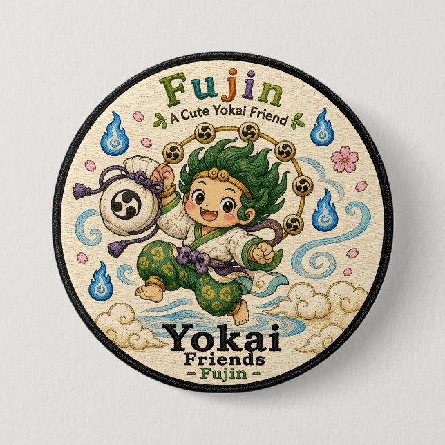 Fujin Japanese Wind God Yokai Pin Button (Front)