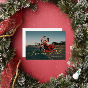 Full-bleed save the date in foil in elegant script