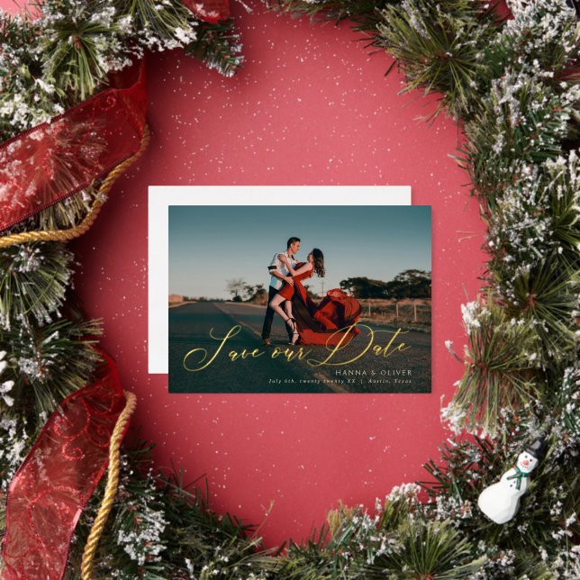 Full-bleed save the date in foil in elegant script (Insitu)