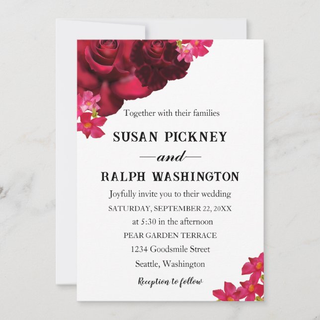 Full Bloom Red & Burgundy Rose Wedding Invitation (Front)
