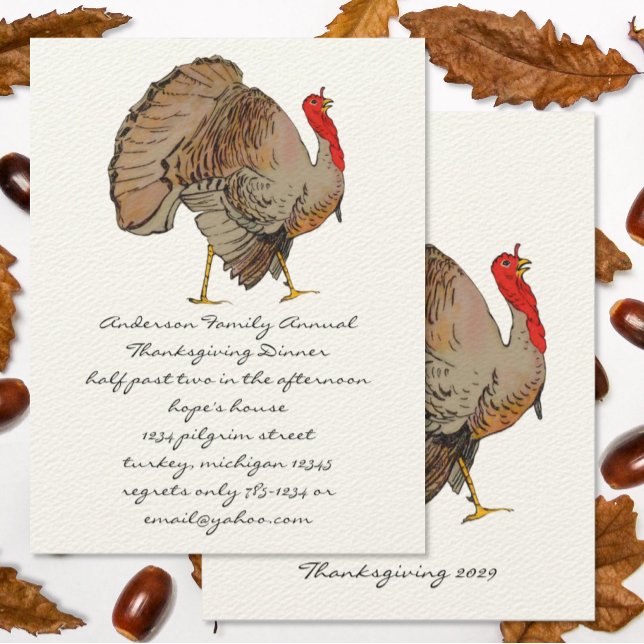 Full color Simple Traditional Turkey Thanksgiving  Invitation (Don't forget to change to current year on back.)