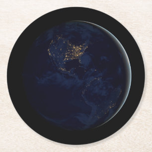 Full Earth At Night With City Lights Of Americas Round Paper Coaster