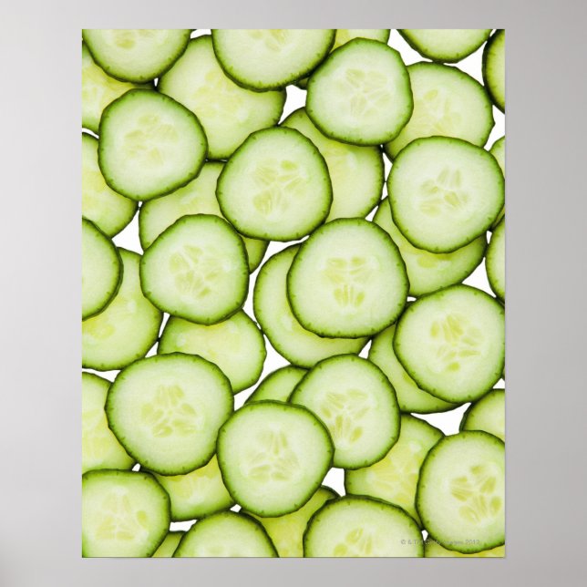 Full frame of sliced cucumber, on white poster (Front)
