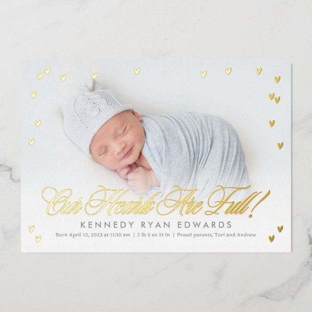 Full Hearts Foil Baby Birth Announcement (Front)