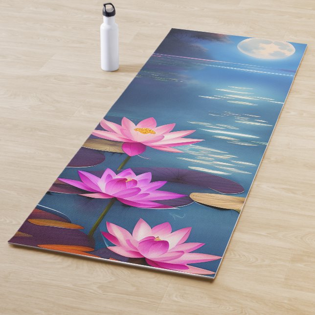 Full Moon and Beautiful Pink Lotus Flowers Yoga Mat (In Situ)