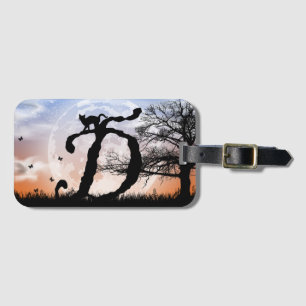Full Moon and Cat D Initial Monogram Luggage Tag