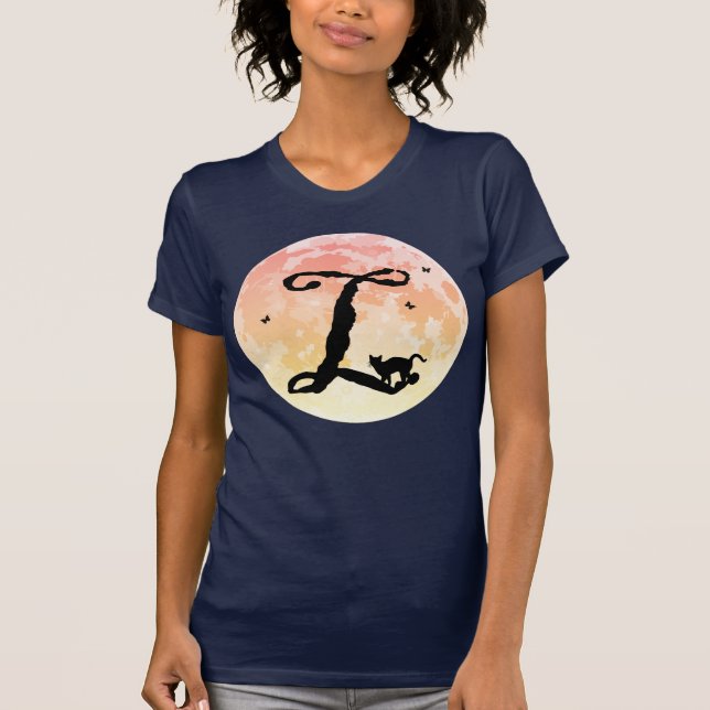 Full Moon and Cat L Initial Monogram T-Shirt (Front)
