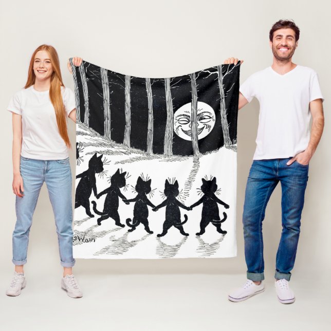 Full moon and Cats, Louis Wain Fleece Blanket (In Situ)