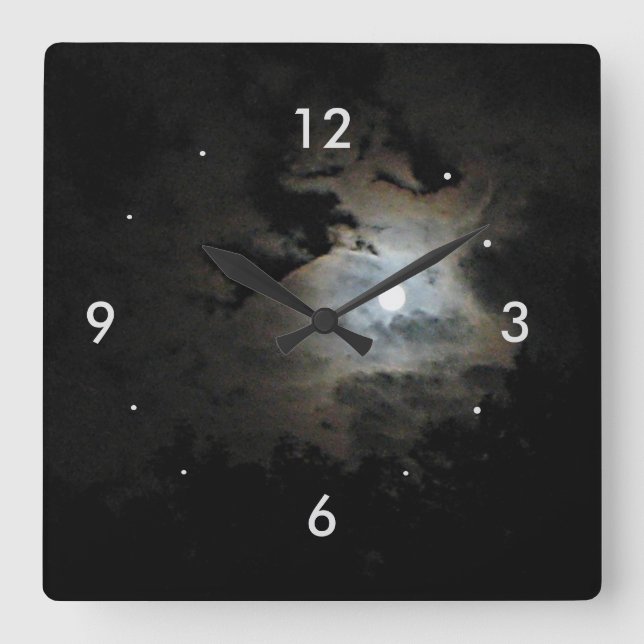 Full Moon and Clouds on black Square Wall Clock (Front)