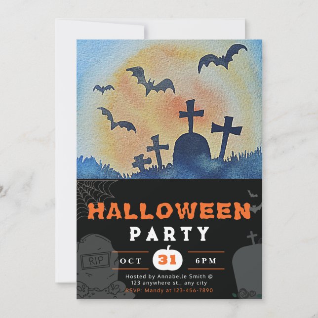 Full Moon, Bats and Graveyard Black Halloween Invitation (Front)