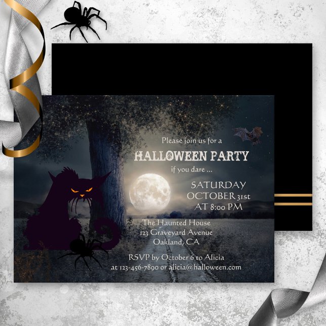 Full Moon Black Cat Halloween Party Invitation (Halloween party invitation showing a black cat on a spooky night with a spider and bat at full moon)