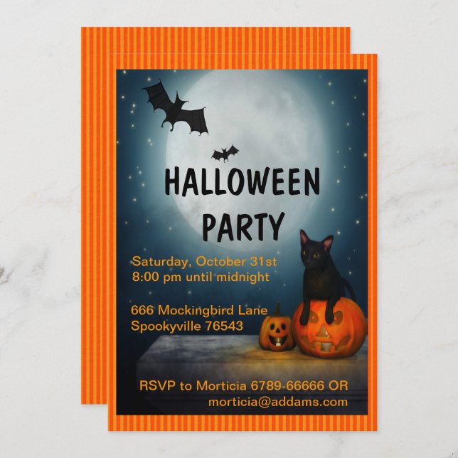 Full Moon, Cat and Pumpkin Halloween Invitation (Front/Back)