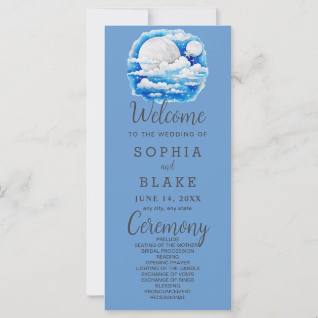 Full Moon Celestial Stars Blue Wedding Program (Front)