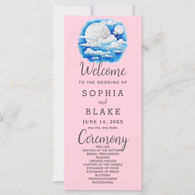 Full Moon Celestial Stars Pink Wedding Program (Front)