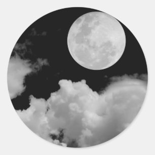 FULL MOON CLOUDS BLACK AND WHITE CLASSIC ROUND STICKER