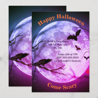 Full Moon, Crow, Bats, Purple Tint Sky Halloween Invitation