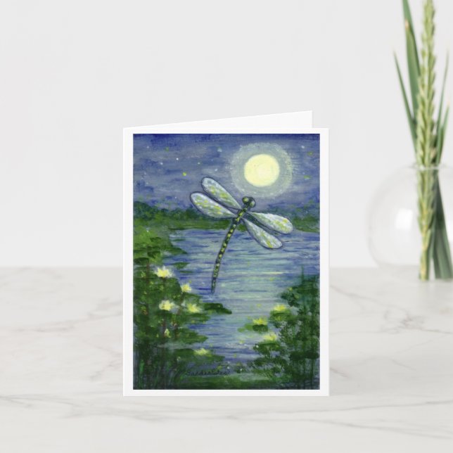 Full Moon Dragonfly Pond Waterlilies Art Note Card (Front)