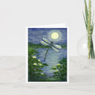 Full Moon Dragonfly Pond Waterlilies Art Note Card
