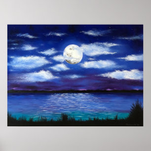 “Full Moon’ Evening Ocean Scene Art Poster Print