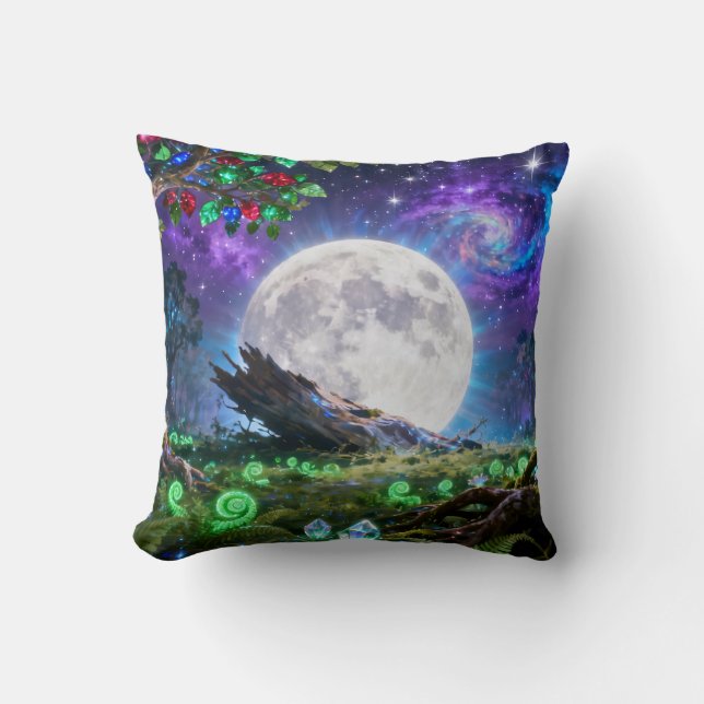 Full Moon Fantasy Forest Throw Pillow (Front)