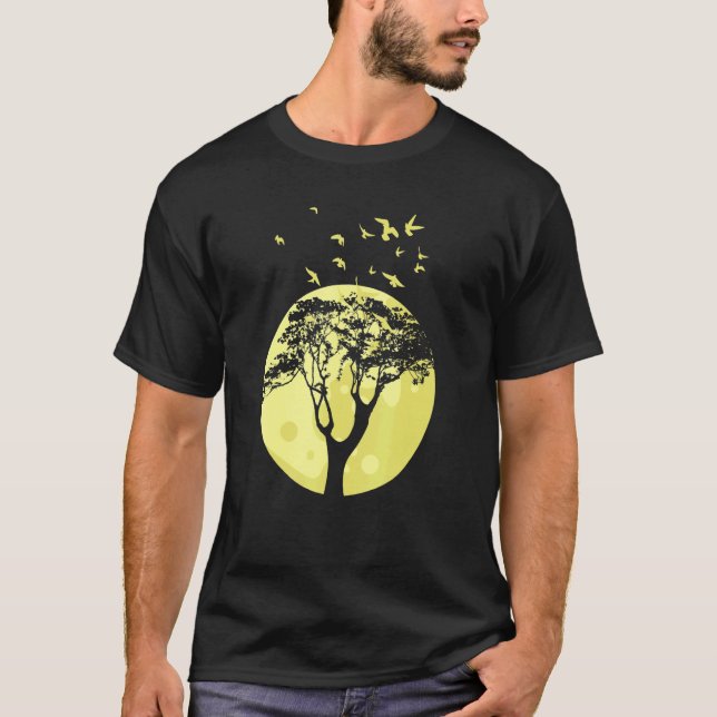 Full Moon Flock Of Birds Tree Outdoor Wildlife Nat T-Shirt (Front)