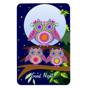 Full moon, flower-power Owls with text Magnet