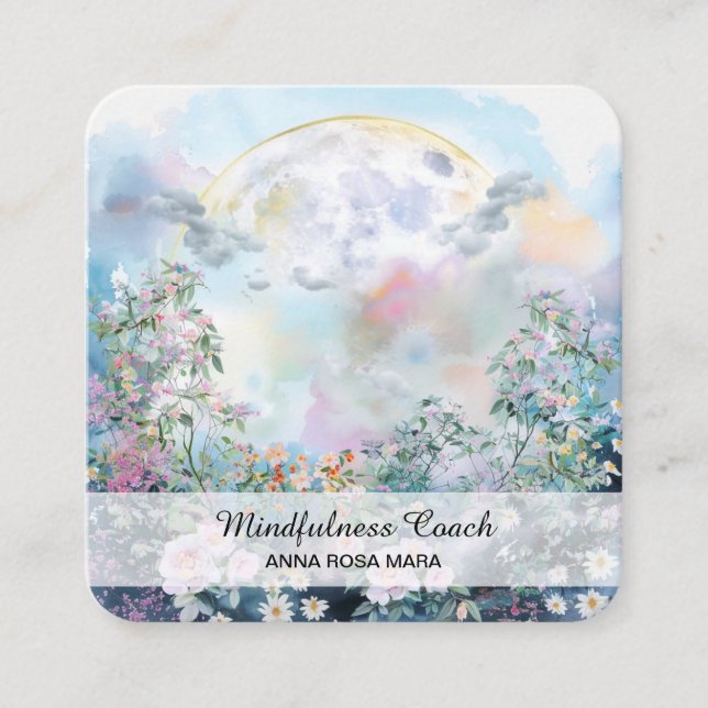 *~*Full Moon Flowers QR Floral AP70 Ethereal Blue Square Business Card (Front)