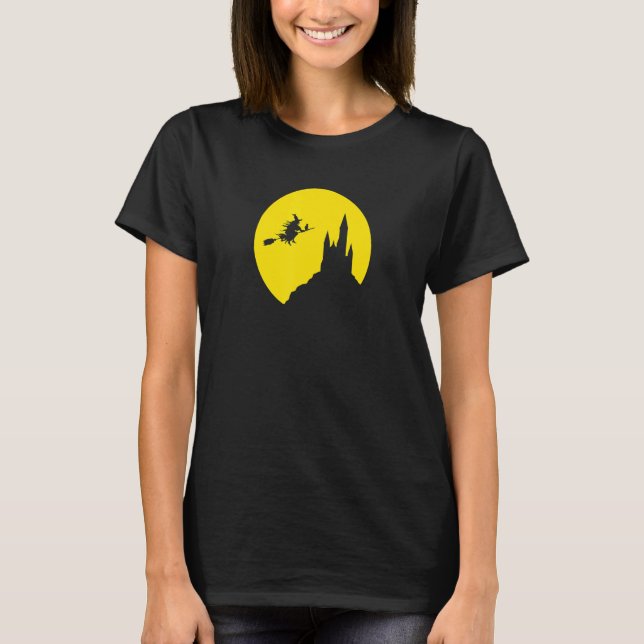 Full Moon Flying Broomstick Witch Halloween Custom T-Shirt (Front)