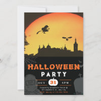 Full Moon Flying Witch Town Black Halloween