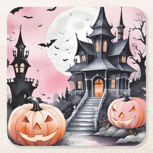 Full moon Haunted house Halloween Square Paper Coaster (Front)