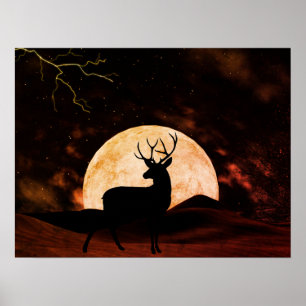 Full Moon, Lightning and Silhouette Buck Poster