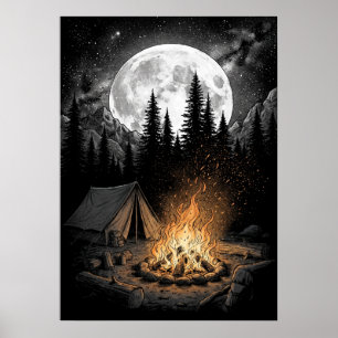 Full Moon Mountain Camping Bonfire Art Poster