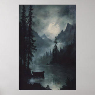 Full Moon Mountain Lake Art Dark Woodland Moody Poster