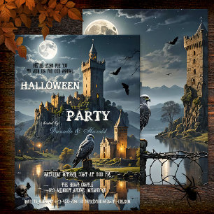 Full Moon Night Castle Halloween Dinner Party Invitation