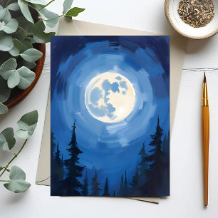 Full Moon Night Sky Forest Watercolor Painting Postcard