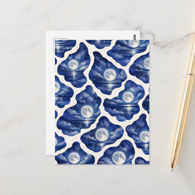 Full Moon Ocean Night Postcard (Front/Back In Situ)