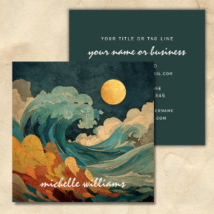 Full Moon Ocean Waves – Abstract Coastal Beach Square Business Card