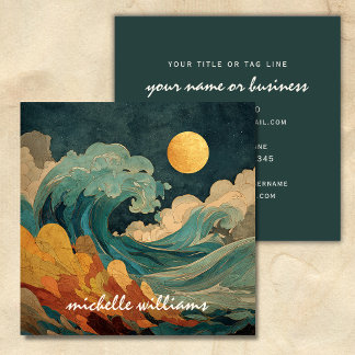 Full Moon Ocean Waves – Abstract Coastal Beach Square Business Card