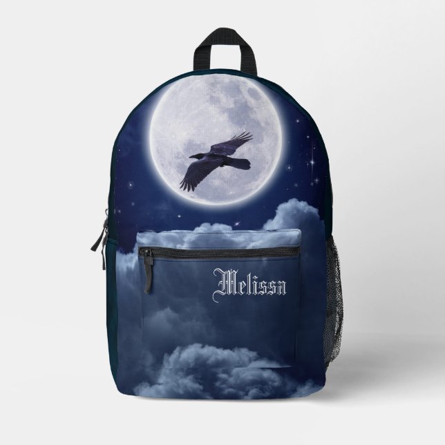 Full Moon on Blue Suede with Raven Printed Backpack (Front)