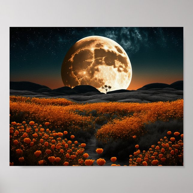 Full Moon Orange Field of Flowers Poster (Front)