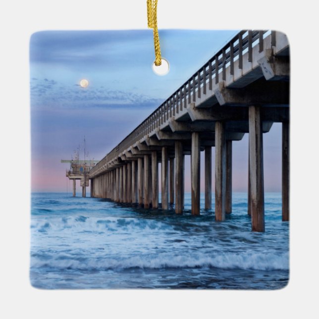 Full moon over pier, California Ceramic Tree Decoration (Front)