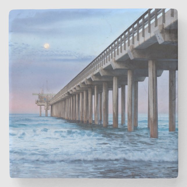 Full moon over pier, California Stone Coaster (Front)