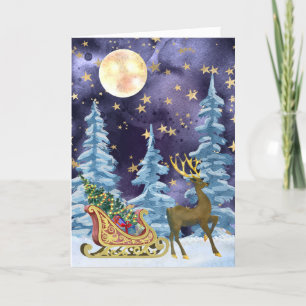 Full Moon Over Reindeer With Sleigh Card