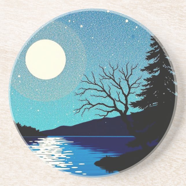 Full Moon Over River Sandstone Coaster (Front)