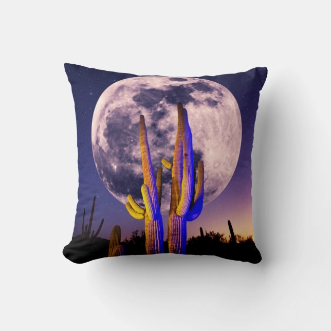 Full Moon Over Saguaro Cactus Cushion (Front)