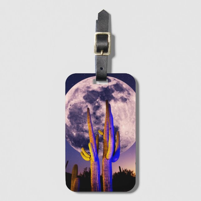 Full Moon Over Saguaro Cactus Luggage Tag (Front Vertical)