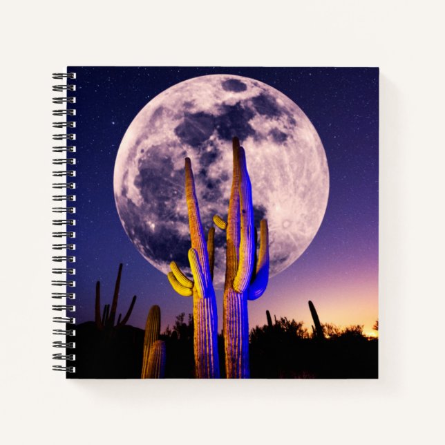 Full Moon Over Saguaro Cactus Notebook (Front)