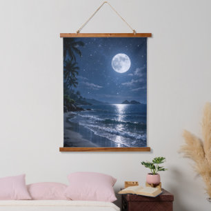 Full Moon Over Tropical Beach Night Acrylic  Hanging Tapestry